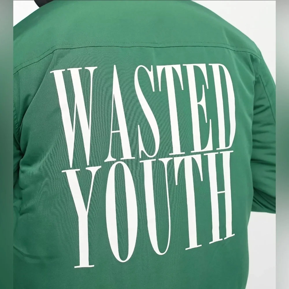 NEW WESC wasted youth logo print bomber jacket in green